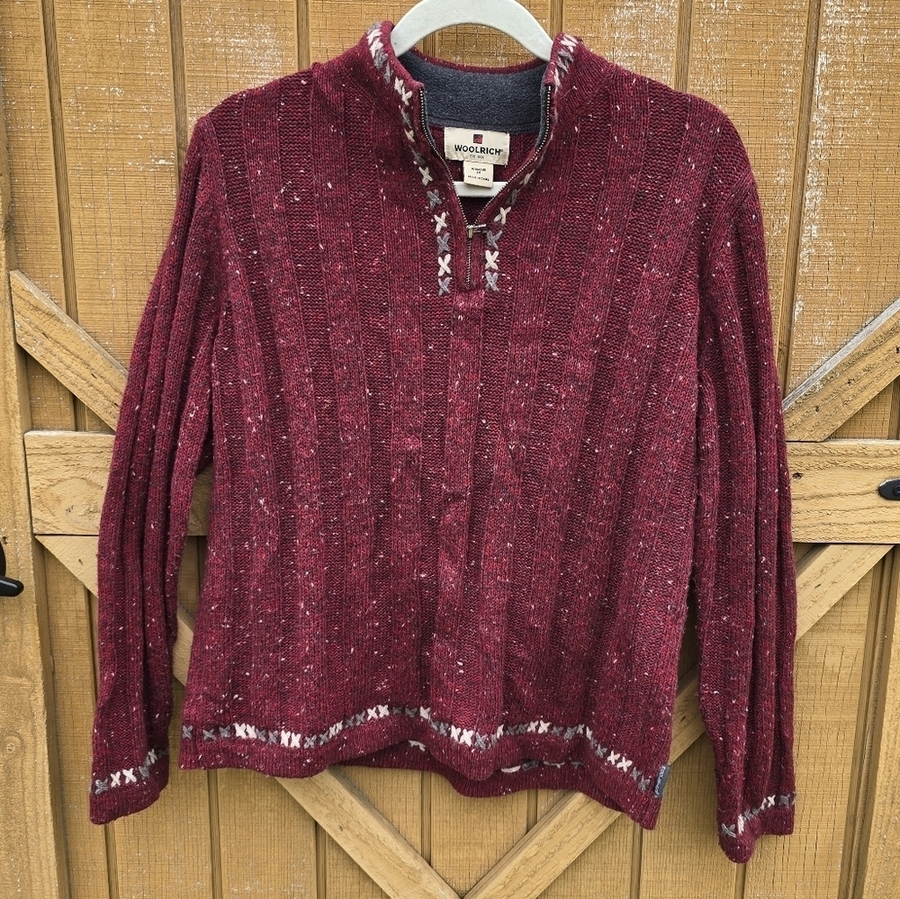 Woolrich Cross Stitch Sweater size Medium Maroon Ruby Heather 1/4 Zip